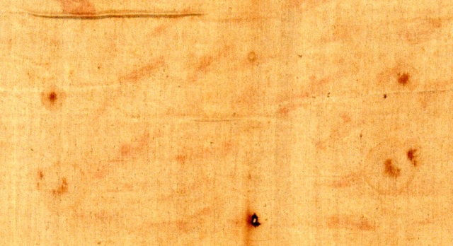 Here's the photo of those markings from the latendresse/Schwortz archive, to which I have given macimum contrast. Now thern are they really water or serum rings around the blood, and what about the different colour intensities in the centres?  maybe we need to hold fire before making hard and fast statements as to what those rings represent.